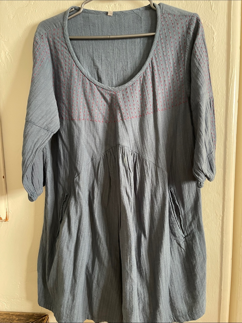 Blue Cotton Gauze Tunic Top with Subtle Pink Embroidery